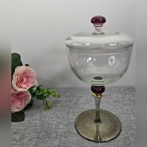 Vintage Lidded Compote Clear Glass Purple and Gold, Round  Covered Candy Dish